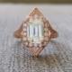 Moissanite Diamond Engagement Ring Geometric Victorian Halo Egyptian Bohemian  Antique Emerald Art Deco 14K Rose Gold "The Judith"