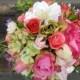 Bright Pink and Green Mixed Garden Rose and Hydrangea Silk Wedding Bouquet OOAK ready to ship