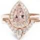 Pear Morganite Engagement Ring with Matching Side Diamond Band - The 3rd Eye , Engagement and Wedding Ring Set