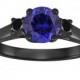 Blue Sapphire & Fancy Black Diamond Three Stone Engagement Ring Vintage Style 14K Black Gold 1.28 Carat Birthstone Handmade