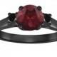 Red Garnet & Fancy Black Diamond Three Stone Engagement Ring Vintage Style 14K Black Gold 1.28 Carat Birthstone Handmade