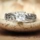 White Sapphire Scroll Engagement Ring in Sterling - Silver Carved Swirl Solitaire Ring with One Carat Stone - Unique Engagement Ring