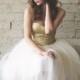 Gold Sequin Sweetheart Strapless Tea Length Ivory And White Tulle Party Dress - Étoile By Ouma