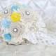 Burlap Brooch Bouquet Burlap and Lace Wedding Bouquet Bridal Bouquet Something Blue Yellow Ivory Fabric Flower Broach Bouquet Ready to Ship