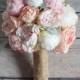 Peach Ivory and Blush Peony and Garden Rose Wedding Bouquet with Lamb's Ear and Burlap Wrap