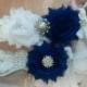 Wedding Garter, Bridal Garter - Something Blue (White/Royal Blue Flowers) with Pearl & Rhinestone - Style G2504