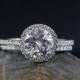 ON SALE Forever One Moissanite Halo Diamond Engagement Ring – Wedding Set– Half Eternity Micro Pave Diamond Band