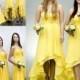 Elegant Yellow Chiffon High Low Bridesmaid Dresses For Wedding 2016 Cheap Spaghetti Ruffles Tiered Gowns Cheap Prom Long Party Dresses Online with $66.12/Piece on Hjklp88's Store 