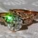 OEC Moissanite Engagement Ring, Lotus Rose Gold Engagement Ring, Wedding Set with Rose Cut Diamonds in Milgrain Bezels