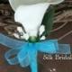 White Calla Lily Boutonniere Malibu blue turquoise Groom groomsman bridal silk wedding flowers