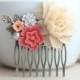 Bridal Hair Comb. Ivory Rose, Coral Sakura, Vintage Inspired Rhinestone, White Pearl, Brass Leaf. Coral Ivory Wedding. Bridesmaids Jewelry.