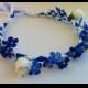 Rosebud and Gypso Floral Bridal or Flower Girl Ribbon Crown Halo Head Piece Wreath Garland Blue Royal Cobalt White C-Margaret