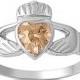Solid 925 Sterling Silver 0.80 Carat Heart Shape Bezel Set Champagne Amber CZ Irish Dublin Claddagh Fidelity Promise Ring