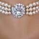 Pearl Choker, Wedding Pearl Necklace, Bridal Jewelry, Statement Necklace, Great Gatsby Jewelry, Rhinestone Choker, Art Deco, Downton Abbey
