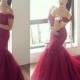 Real Image Mermaid Lace Wedding Dresses Applique Sexy Bodice Sweep Train Long Corset Off The Shoulder Tulle Burgundy Bridal Gowns Dress Online with $105.93/Piece on Hjklp88's Store 