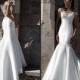 Graceful White Satin Mermaid Wedding Dresses Sheer Illusion Neck Back 2016 Modest Sweep Train Skirt Appliques Lace Bridal Gowns Online with $110.57/Piece on Hjklp88's Store 
