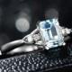 5.2×7.2mm Emerald Cut Aquamarine Ring, Prong Setting Ring,14K White Gold filled Ring, Aquamarine Diamond Ring,Simple Engagement Wedding Ring