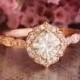 Mini Vintage Floral Moissanite Engagement Ring 14k Rose Gold Scalloped Diamond Wedding Band 6x6mm Cushion Cut Forever Brilliant Gemstone