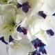 Blue orchids, Cascade Cascading, Bouquet Real Touch Flowers, Bride & Groom Wedding set: White Off-white Orchids, Tiger lilies, blue/purple
