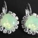 Mint Green Opal Crystal Halo Earrings Swarovski Chrysolite Opal Rhinestone Sparkly Earrings Chrysolite Leverback Wedding Jewelry Bridesmaids