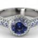 Halo Sapphire Engagement Ring 14k White Gold Natural Diamonds, Natural Sapphire Ring, Blue Sapphire Ring