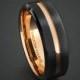 Tungsten Wedding Band Mens Ring Two Tone Rose Gold Black Center Groove Beveled Edges Comfort Fit Tungsten Carbide Ring