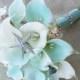 Silk Flower Wedding Bouquet - Aqua Mint Robbin's Egg Calla Lilies Natural Touch with Crystals Seashells and Starfish Silk Bridal Bouquet