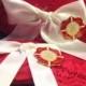 Firefighter Red Stretch Lace Wedding Garter Set with Fireman's Emblem