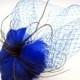 Vintage Inspired Cobalt Feather Flower with Blue Birdcage Veil Blusher Fascinator - Doctor Who Wedding - Tardis Netting - Steampunk bridal