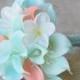 Mint Silk Flower Wedding Bouquet - Robbin's Egg and Coral Peach Calla Lilies Off White Plumeria Natural Touch Crystals Silk Bridal Bouquet