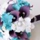 Silk Wedding Brooch Bouquet - Off White and Teal Turquoise Hydrangeas and Purple Natural Touch Calla Lilies