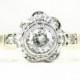 Old Cut Diamond Engagement Ring, Daisy Flower Shape Old European with Rose Cut Diamond Halo Ring. Circa 1920s, 14 Carat & Platinum.
