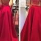 2016 New Two Pieces Evening Dresses With Scoop A Line Hollow Beads Crystals Red Satin Party Long Prom Gown Pageant Sweep Train Cheap Online with $103.67/Piece on Hjklp88's Store 
