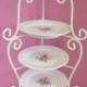 Vintage 4 tiered white enameled wire wedding plate holder with 7 plates 6 1/2" Crown Potteries & Co
