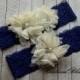 BLUE and IVORY Bridal Garter Set - Keepsake & Toss Lace Wedding Garters - Chiffon Flower Pearl Garters - Something Blue - Navy Blue