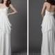 White Sheath Chiffon Strapless Wedding Dress with Pleated Bodice