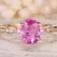 Pink Sapphire Engagement Ring,14K Rose Gold,6x8mm Oval Cut pink stone,Art Deco Diamond Wedding Band,Pink Engagement Ring,Morganite Available