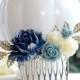 Large Silver Bridal Hair Comb Navy Blue Wedding Hairpiece Dark Blue Dusky Blue Ivory Rose Flower Silver Leaf Branch Comb Bridesmaid Gift