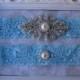 Wedding Garter - Bridal Garter - Crystal Rhinestone and Pearl Garter and Toss Garter Set on Aqua Blue Lace
