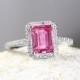 Pink Sapphire & Diamond Emerald Radiant Halo Engagement Ring 2ct 8x6mm 14k 18k White Yellow Rose Gold-Platinum-Custom-Wedding-Anniversary