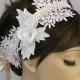 Weddings Hair Fascinator, Bridal Headband, Venetian Lace Applique, Crystal Beads Embroidered. Handmade