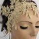 Bridal Fascinator, Bridal Head Piece, Beady Wedding Headband, Venetian Lace Applique, Cream Beige, Art Deco Glam Modern Romantic Wedding