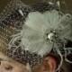 Birdcage Veil With Feather Head Piece, Angled Birdcage Veil with Rare Natural White Peacock Eyes Feather Fascinator
