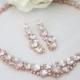 Rose Gold necklace Set, Crystal Bridal necklace, Rose gold Wedding jewelry, Pink gold earrings, Crystal earrings, Chunky necklace CZ jewelry
