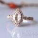 14K Rose Gold Morganite Engagement Ring VS 1.0ctw Marquise Cut Morganite Ring Halo Diamonds Aet Deco Half Eternity Ring Band Gemstone Ring