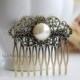 Pearl Hair Comb, Vintage Cream White Pearl Cabochon Antique Brass Filigree Bridal Hair Comb, Wedding Hair Comb, Victorian Art Nouveau