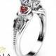14K White Gold Diamond Engagement Ring Heart Shaped Ring Unique Diamond Engagement Ring with Natural Rubies
