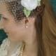 Sparkling Swarovski Crystal and Flowers Russian Birdcage Bridal Veil - French Blusher Veil with Green Accents and Bows - Ready to Ship