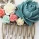 Blue Rose Comb Coral Rose Floral Comb Country Wedding Hair Comb Flower Adornment Bridesmaids Hair Accessories Hair Piece Bridal Hair Comb