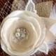 Rustic Hair Flower Clip - Ivory Champagne Burlap Hairpiece  - Bridal Fascinator - Burlap Lace Wedding - Feather Hair Clip - Rustic Hair Clip